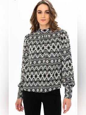 Joie Black & White Geometric Mock-Neck Blouse w/ Pleated Neckline Office Casual